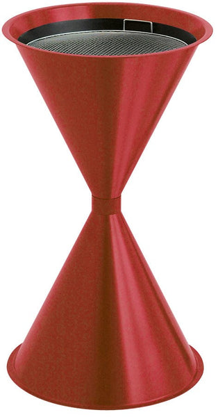 Diabolo cigarette stand in a metalic red, the bin features a wide based top and bottom coming to a point in the middle