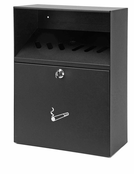 Wall mountable cigarette bin with rain cover and cigarette iconography,, powder coated in black