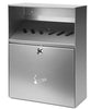 Weather resistant stainless steel cigarette bin with cover.  Keyed lock and cigarette iconography