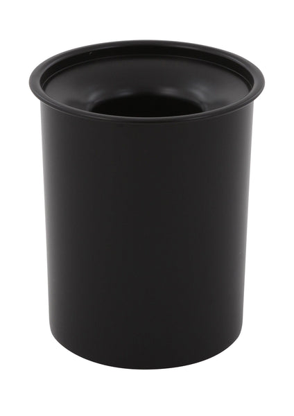 Round black powder coated steel bin with internal sloped lid and round aperture for waste disposal