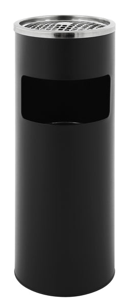 Black freestanding litter bin with rectangular aperture to the front and stainless steel ashtray to the top
