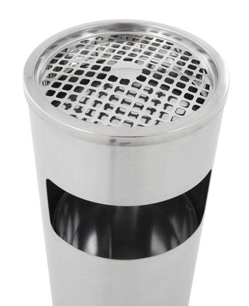 Stainless steel bodied litter bin with close up of the stainless steel perforated ashtray