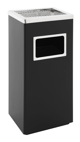 Black cigarette and litter bin, stainless steel top with holes for cigarette collection and front aperture for litter