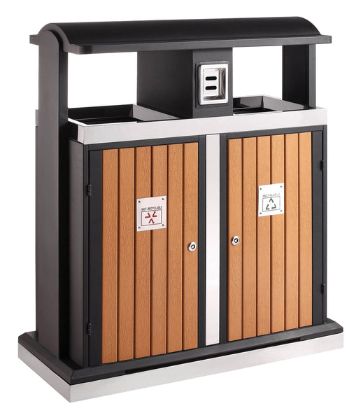 Two compartment external litterbin, black frame surround with wood effect slatted doors.  Ashtray to centre column and plates to each door 