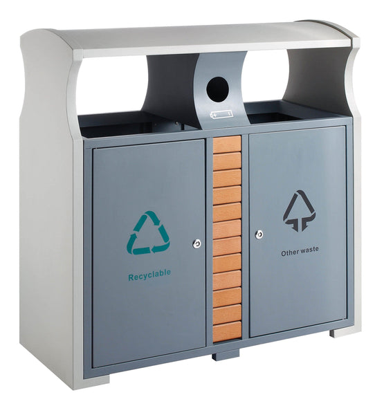 3 in 1 outdoor recycling bin with 2 waste receptable and 1 battery depository with 2 front door access.