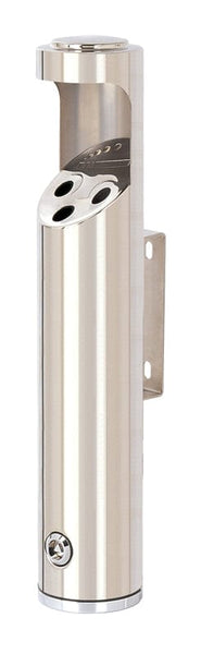 Stainless steel wall mountable cigarette bin with protective hood and 3 aperture holes to the front for cigarette disposal
