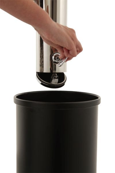 Close up of the bottom of the cigarette bin with bottom open and a collection bucket underneath