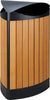 Triangular litterbin with opening each side and plastic wood effect slats 