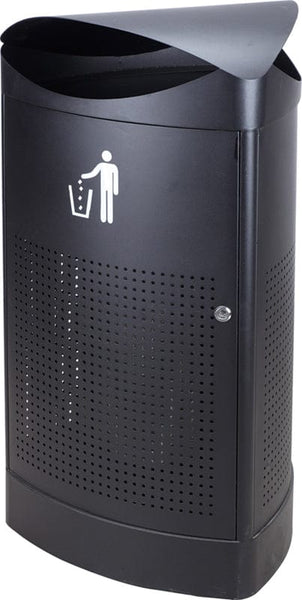 60 litre triangular shaped litterbin in black with front opening door and litter iconography