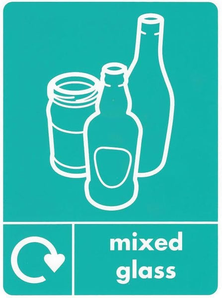 Mixed glass recycling label in aqua, containing mixed glass text, loop and glass bottle picture