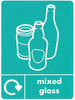 Mixed glass recycling label in aqua, containing mixed glass text, loop and glass bottle picture