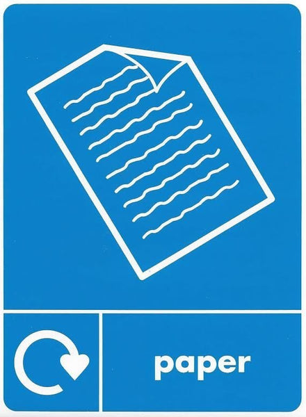 Blue a5 recycling label, paper text, recycling loop and iconography