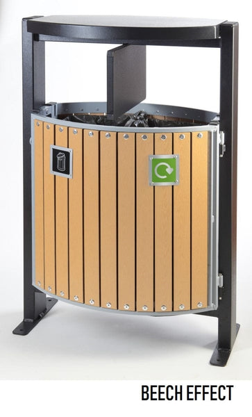 Wood look effect outdoor recycling station with waste stream plates for general waste and mixed recycling