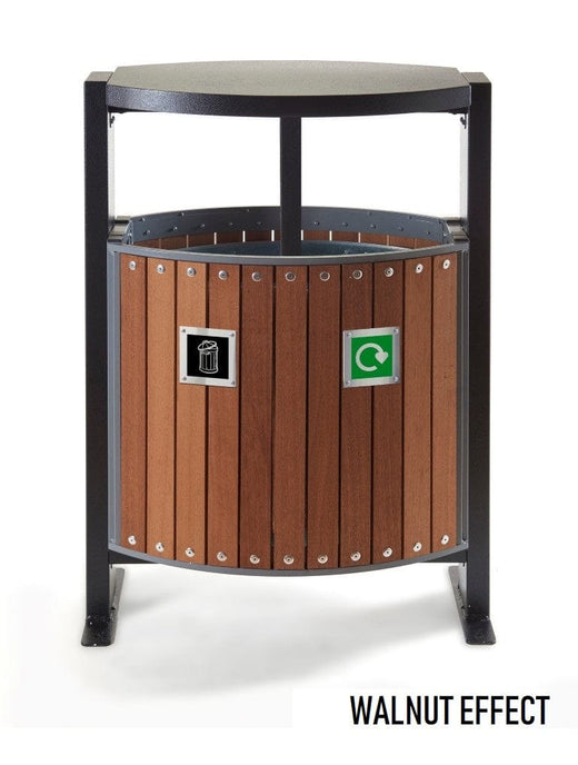 Wood effect 2 compartment external recycling bin in walnut effect finish