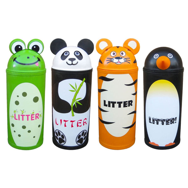 Animal Kingdom litter bins group picture. Frog, panda, tiger, penguin bins all featured