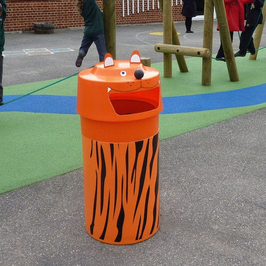 1 tiger inspired trash can with wide receptable in orange placed outdoors.