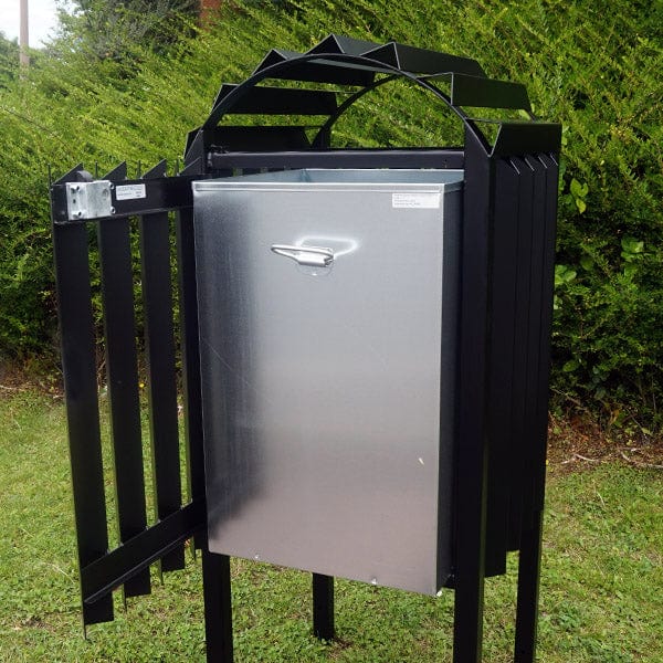 Large anti vandal litter bin in black with a galvanised liner and slatted hood