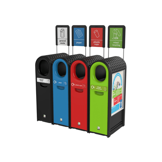 Slim Recycling Bins side by side with color-coded labels for sorting waste.
