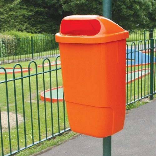Orange post mountable litter bin in location, sloped top and front aperture to the lid