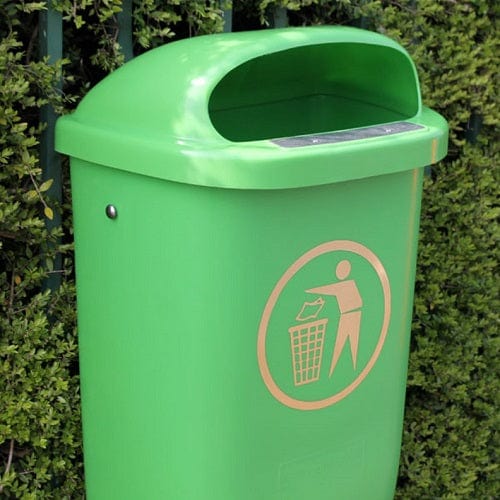 Lime green mountable external litter bin.  Hooded top to aid with water run off and integral stub plate to the front of the aperture