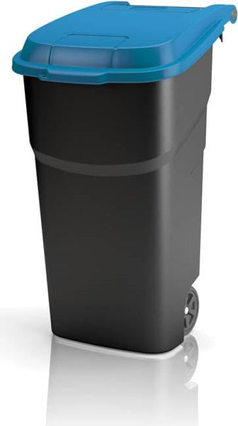 100 Litre external bin with wheels and moving handle.  Black body with blue lid with padlock eye for use with a padlock
