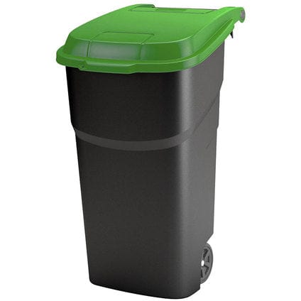External wheeled bin with black body and green lid, handle to the rear to ensure smooth moving