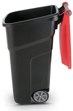 Side view of the atlas bin, with red lid in the open position.  Large disposal opening and wheels for moving