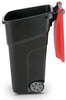 Side view of the atlas bin, with red lid in the open position.  Large disposal opening and wheels for moving