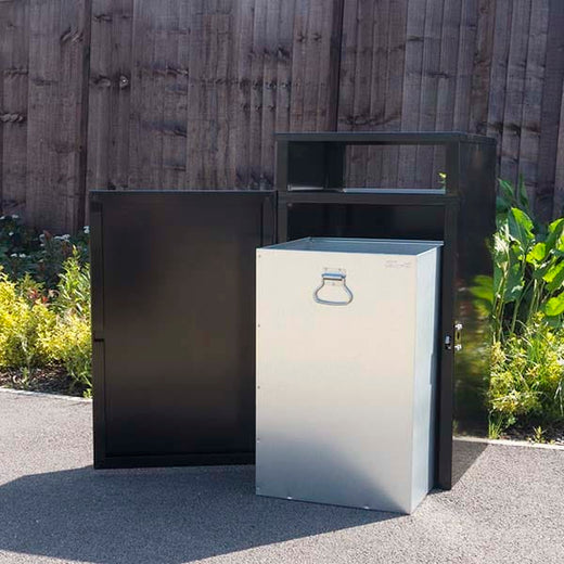 Front access panel of the Barnsley Bin, revealing the standard galvanised inner liner.