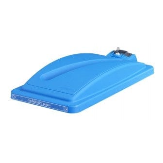 Blue confidential lid for slim jims with blue slot and locking mechanism