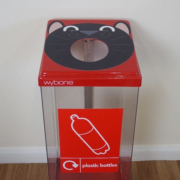 Red box cycle picture with a cat graphic and plastic bottles sticker