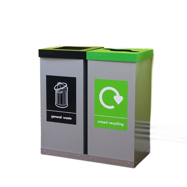2 Compartment internal recycling station.  Silver bodies, left bin with general waste open aperture.  Right bin with lime green lid mixed propeller aperture, complete with graphics
