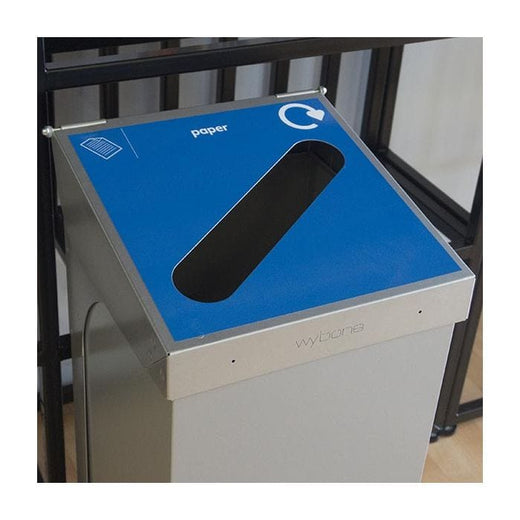 Featuring C-bin's hinged lid labeled blue for paper waste.
