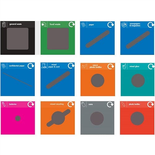 12 color-coded C-bin trash lids with categorized labels and openings for easy litter sorting.