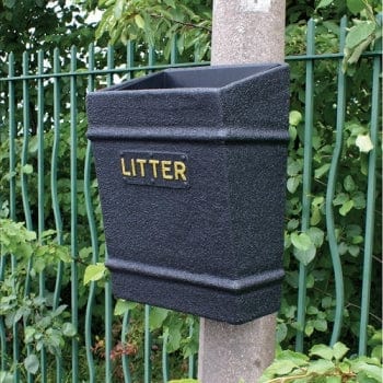 Black glass fibre post mountable litter bin with litter text in gold.  Open top for quick disposal 