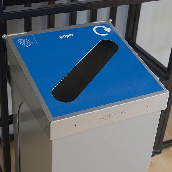 Blue-labeled C-bin for paper waste, made of durable galvanized steel to suit any space.