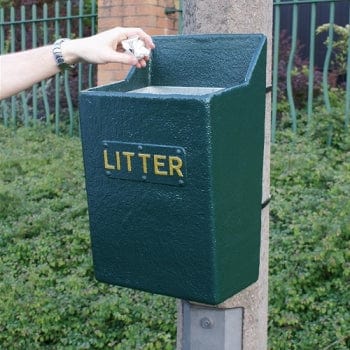 Glass fibre open top litterbin, mounted to a post with.  Gold litter text applied to the front 