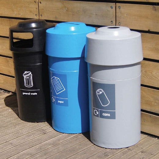 Set of 3 external recycling bins.  1 Black with standard aperture, 1 blue with slot aperture and 1 with grey and hole aperture.  Complete with graphics
