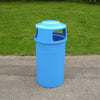 Freestanding blue outdoor litter bin with 3 standard apertures for waste disposal
