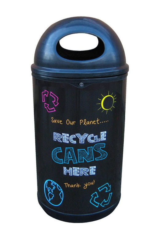 90 litre dome hooded blackboard recycling bin with Recycle Cans Here sticker.