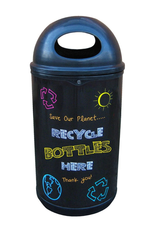90 litre hooded blackboard novelty recycling bin with Recycle Bottles Here sticker.