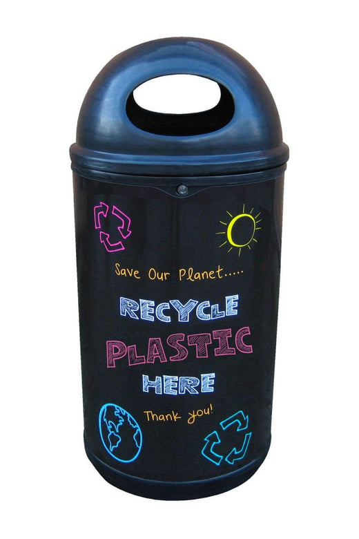 90 litre dome hooded blackboard recycling bin with a sturdy weighted base.