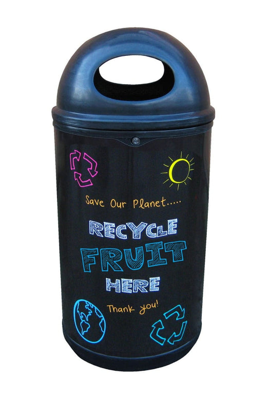 Colorful Blackboard Recycling Bin with Recycle Fruit Here sticker.