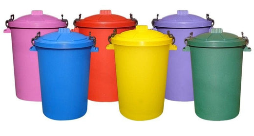 85 litre assorted colored outdoor plastic dustbins with clip lock lids.