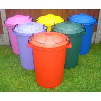 Coloured Outdoor Plastic Dustbins grouped together.