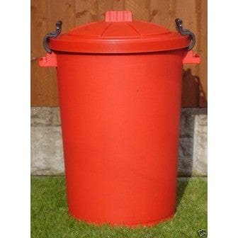Red colored clip bin suited for outdoor use.