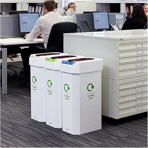 Set of Combin 60L Corrugated Board Bin set up in an office space.
