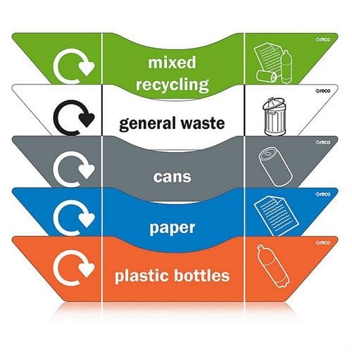 Combin WRAP compliant colour coded bins - green for mixed recycling, white for general waste, grey for cans, blue for paper and orange for plastic bottles.