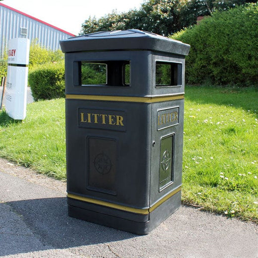 Black compass litterbin with 4 open apertures and decorative gold banding and litter text