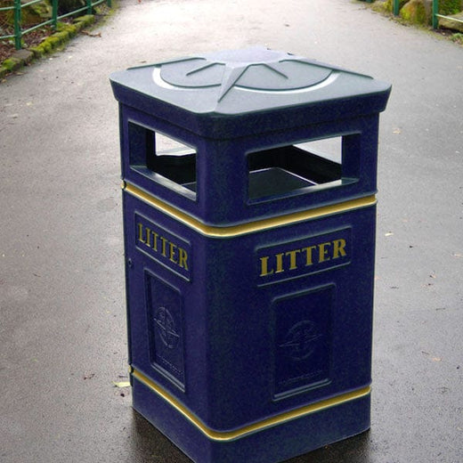 Blue litter bin with open apertures and galvanised liner, complete with litter wording and gold banding 